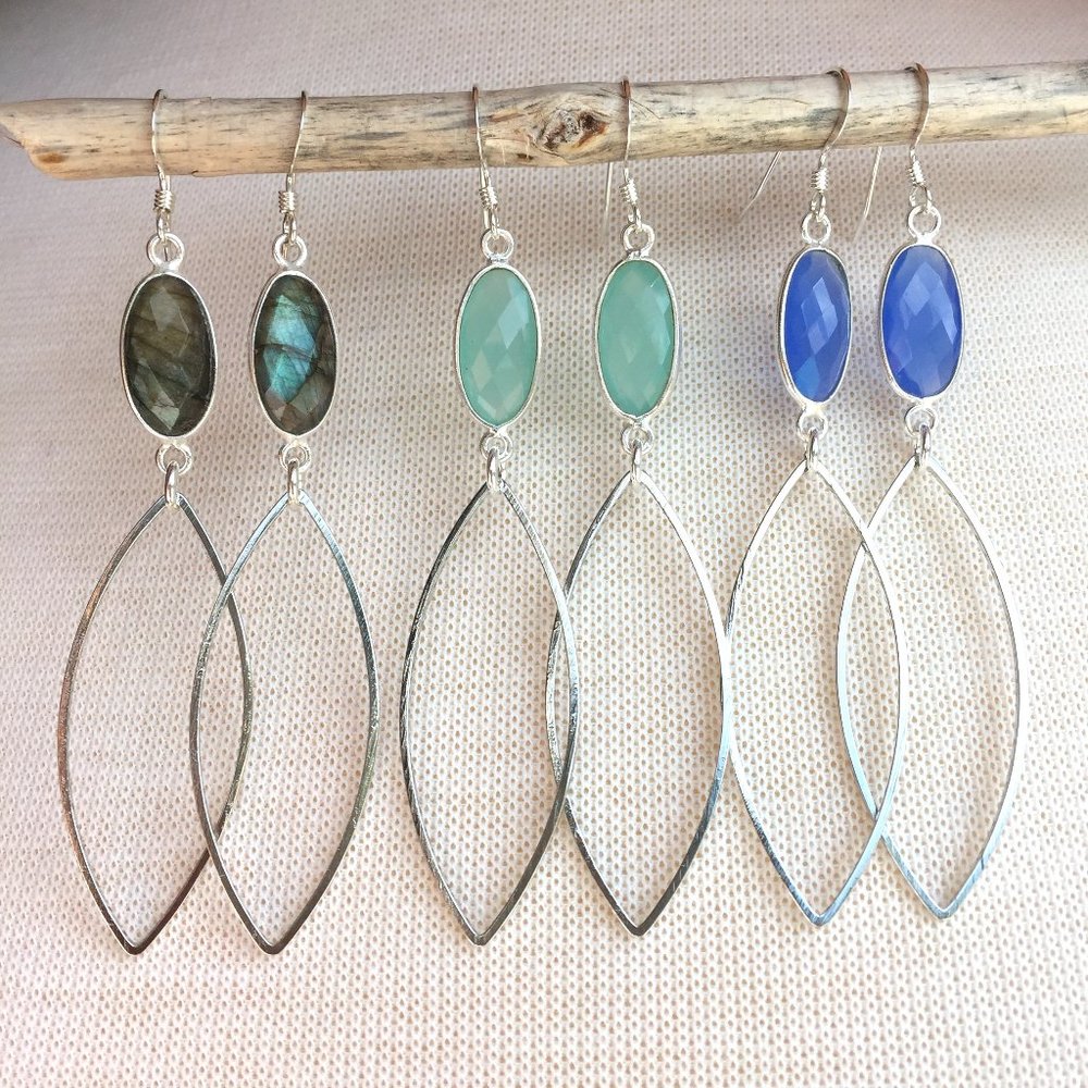 Long Gemstone Marquise Hoop Sterling Earrings